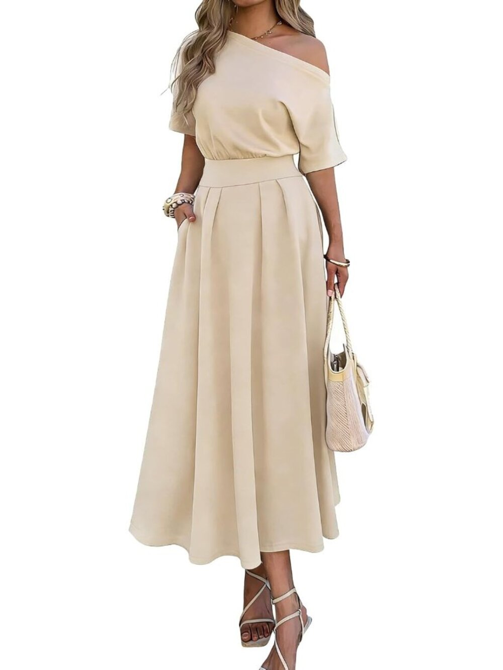 Women's Khaki Casual Empire Waist One Shoulder A Line With Pockets Maxi Dresses